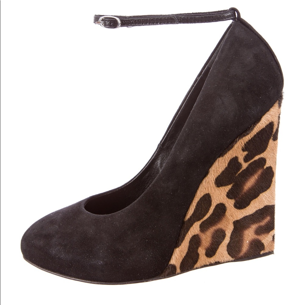 Giuseppe Zanotti black suede and pony hair leopard wedges